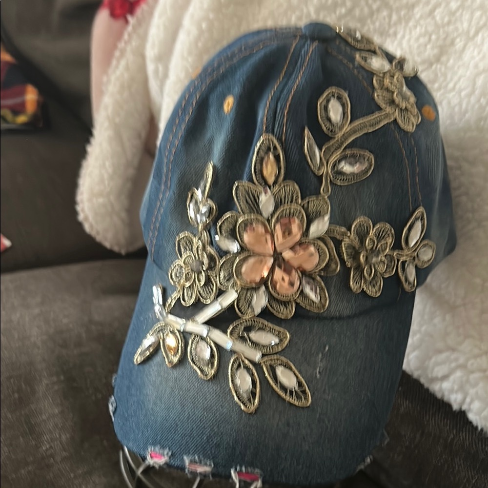 Embroidered Floral Denim Cap